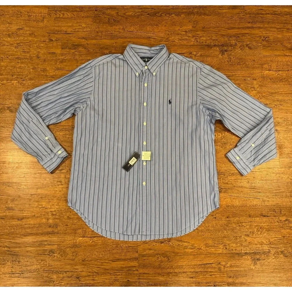 Vintage Polo Ralph Lauren Blue Striped Classic Fit‎ Button Down Shirt Men's XL